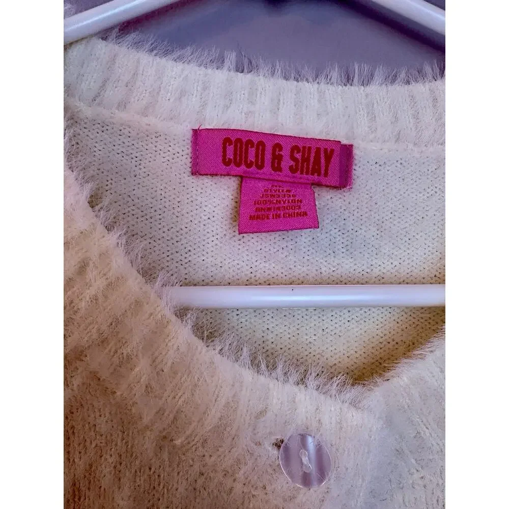 Coco & Shay Cardigan Sweater Womens XL Ivory Eyelash Stretch Knit Coquette - Picture 3 of 3